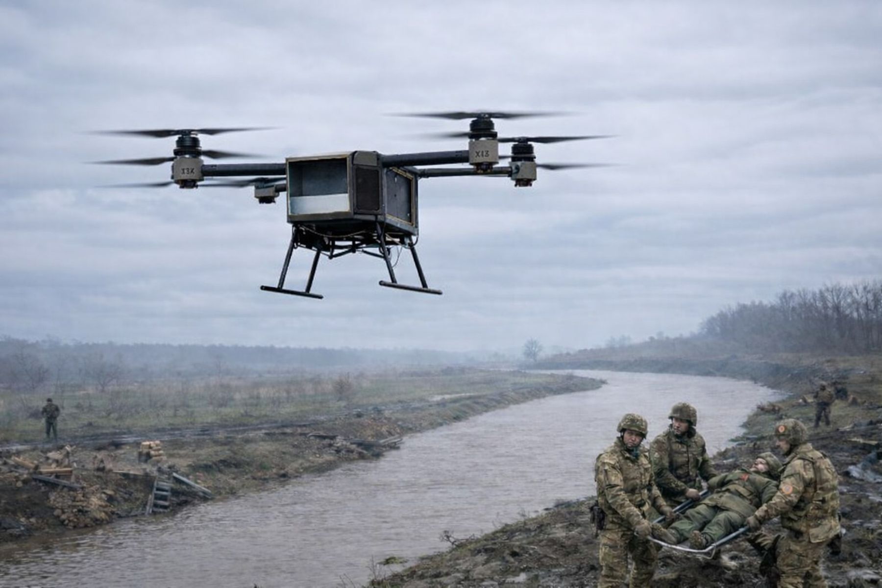 SPASOLIT heavy-lift octocopter flying over a frontline evacuation